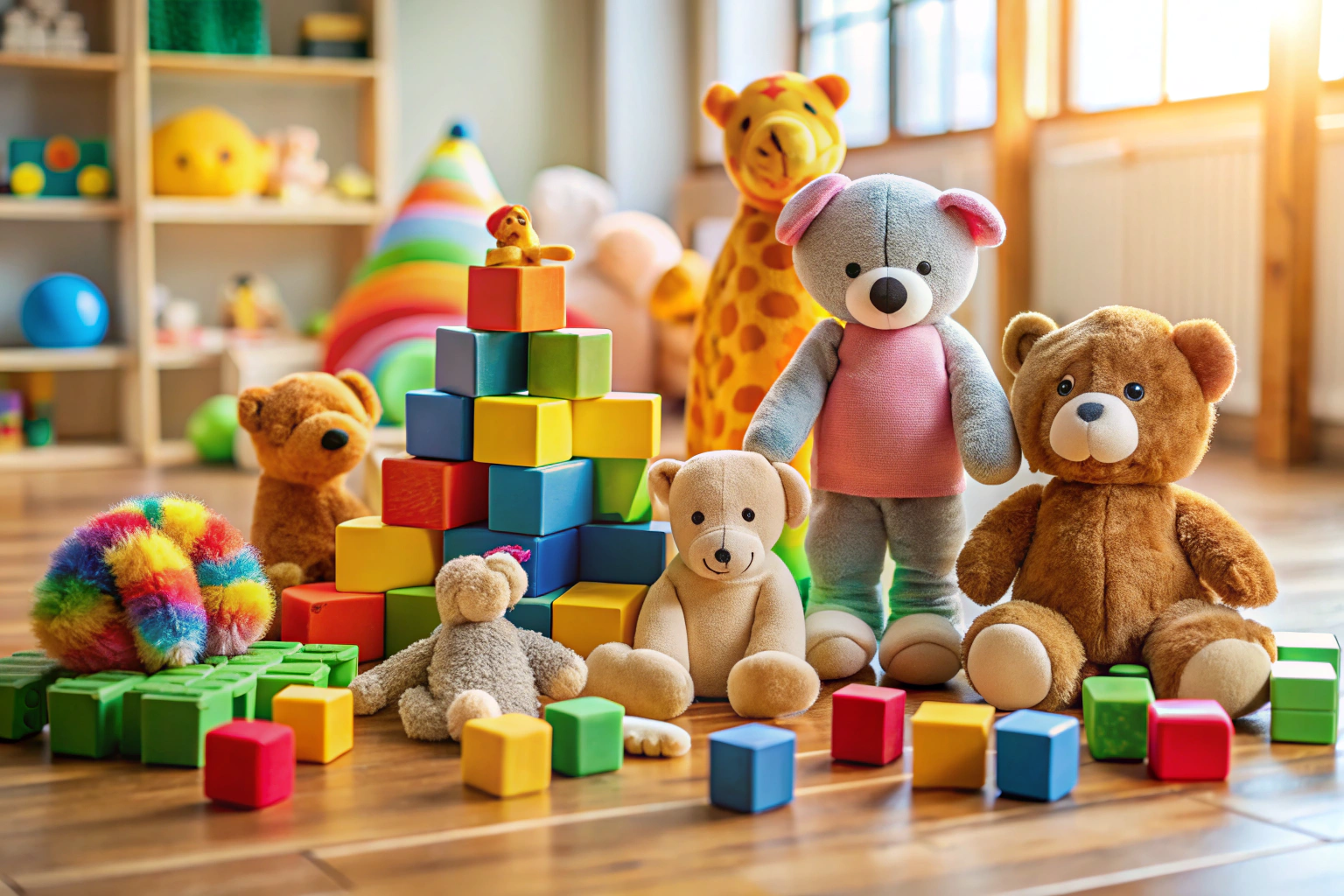 A colorful assortment of childrens toys including building blocks, soft plush animals, and puzzles arranged on a wooden floor with natural light, no text or branding visible