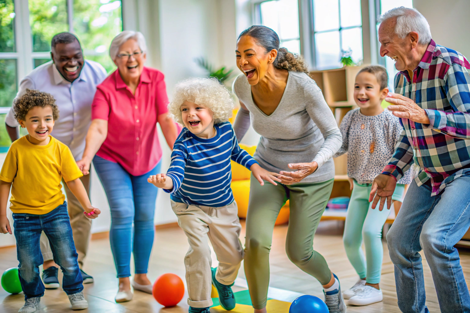 A group of diverse people of different ages engaging in a fun, active game indoors, with no text or logos, showing smiles and movement in a bright, welcoming environment