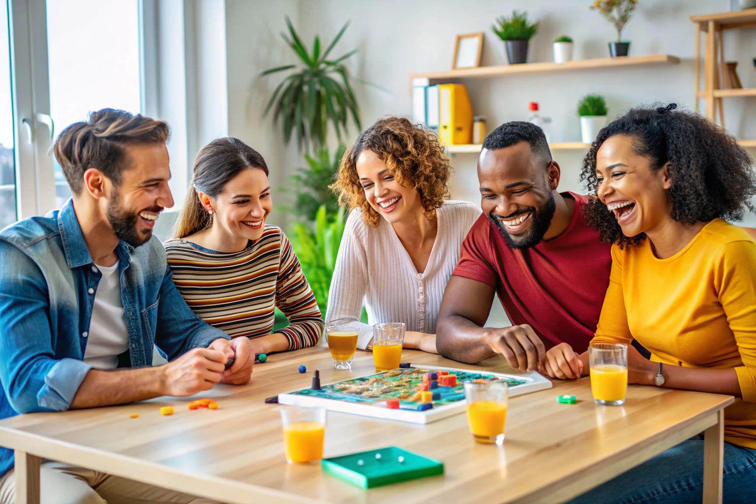 A group of diverse people playing board games together at a table in a bright, modern game room, with no text or logos visible, showing laughter and engagement.